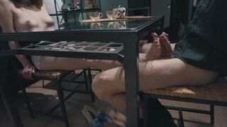 Hot footJob undertable from a petite girl with beautiful boobs - porn video